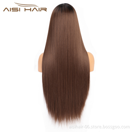 Aisi Hair Cheap High Quality Long Silky Straight Ombre Brown Dark Root Lace Wig Synthetic Hair Lace Front Wigs For Black Women